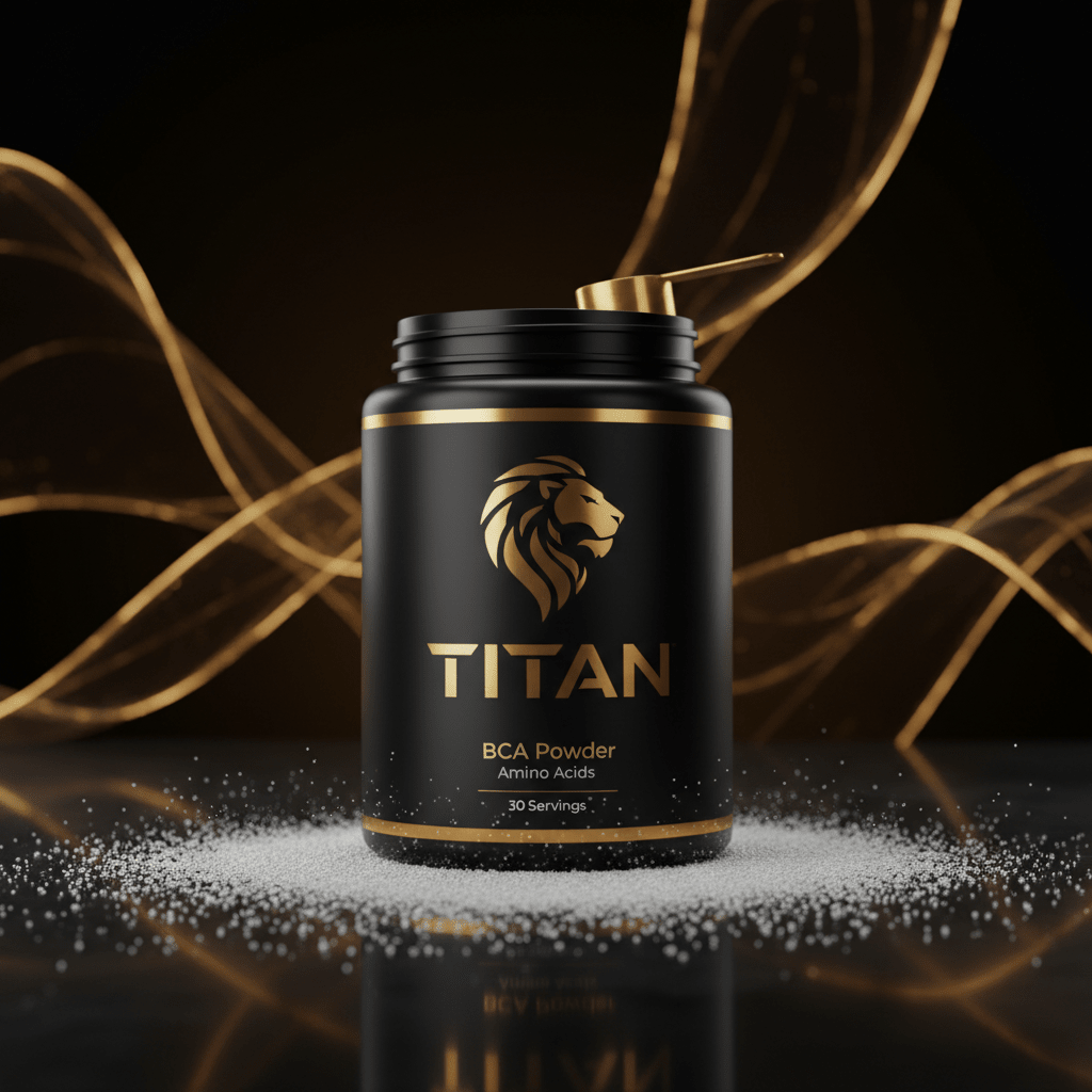 Black Titan BCAA powder tub with gold lion logo, gold text, and scoop on top, set amidst white powder on black floor.