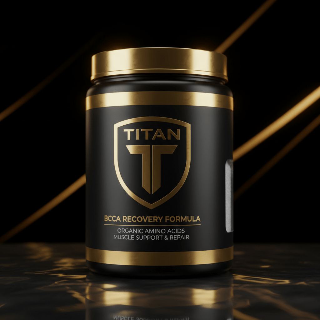 Black supplement jar with gold lid and trim, featuring a gold TITAN shield logo and BCAA Recovery Formula text.