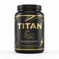 Black supplement tub with gold "TITAN" logo, flexed arm icon, and BCAA recovery text on a sleek, minimalist label.