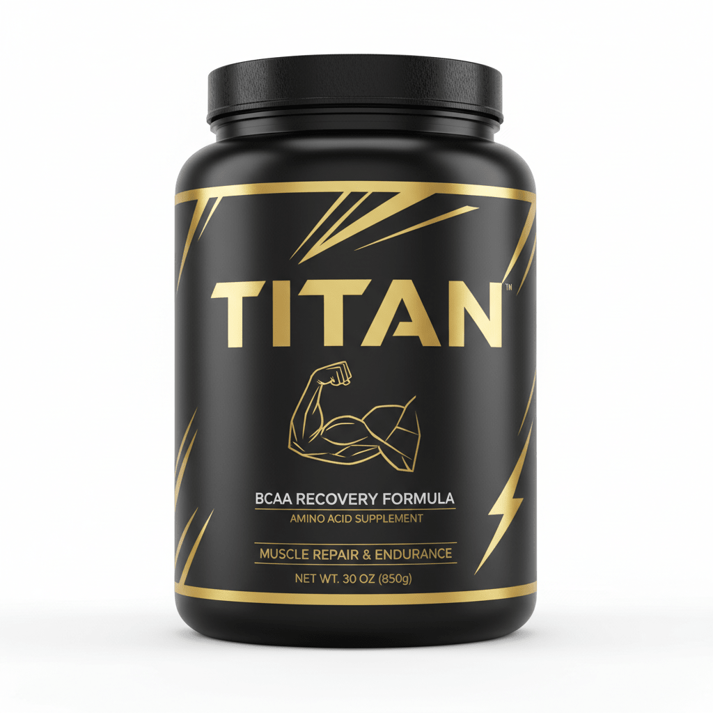 Black supplement tub with gold "TITAN" logo, flexed arm icon, and BCAA recovery text on a sleek, minimalist label.