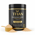 Black tub of Titan BCAA Tropical Punch with gold text, scoop, and beige powder, isolated on a white background.