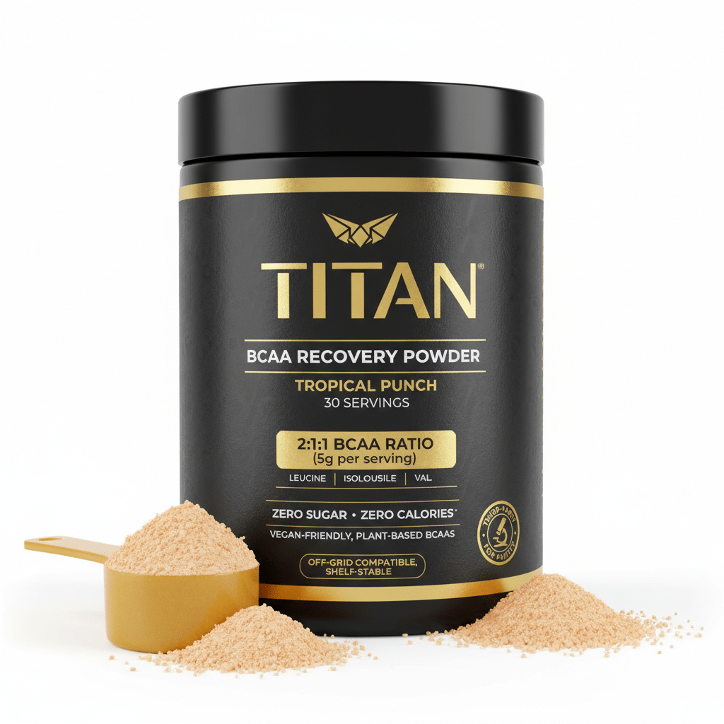 Black tub of Titan BCAA Tropical Punch with gold text, scoop, and beige powder, isolated on a white background.