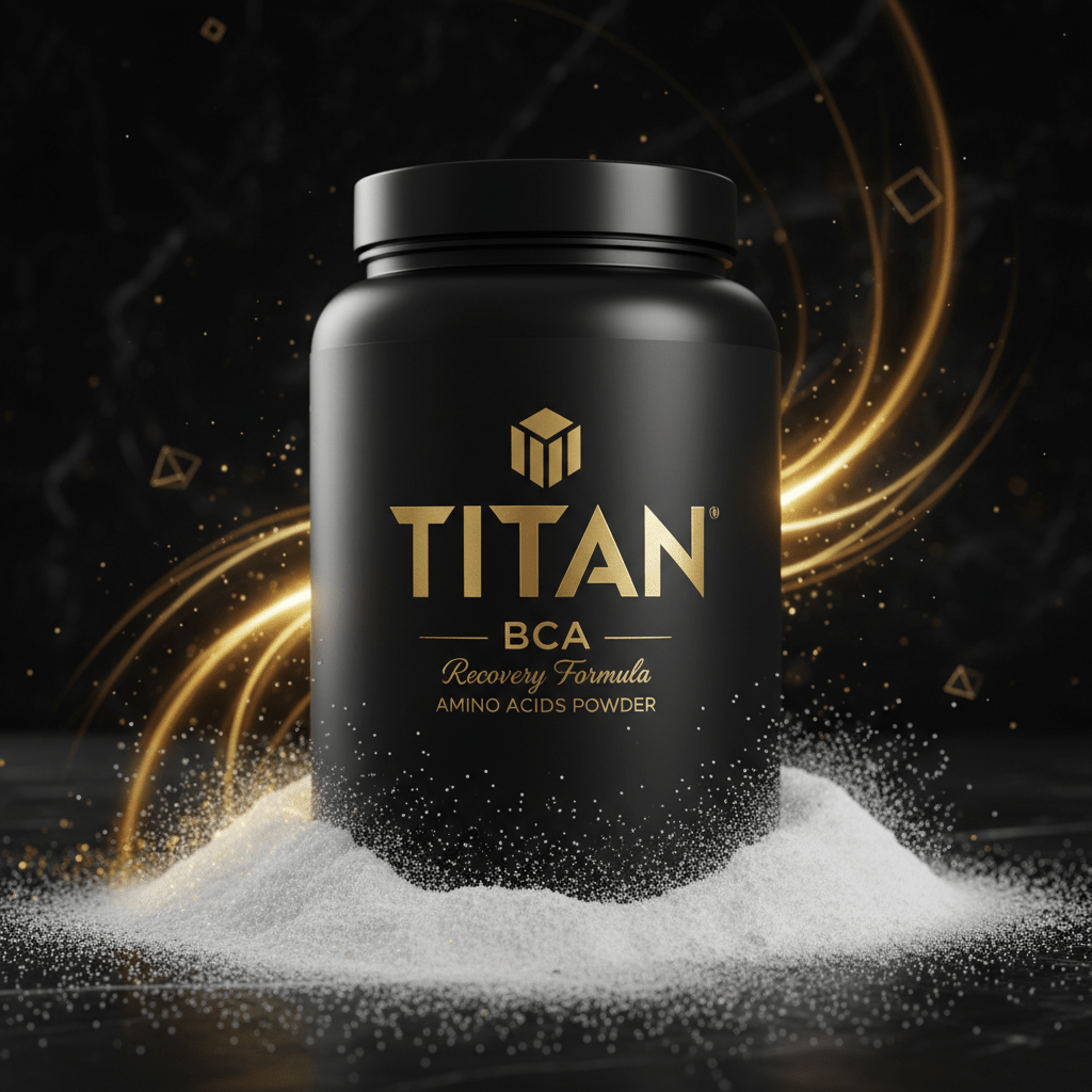 Black Titan BCAA tub with gold logo and text, set in white powder against a dark background with golden light streaks.
