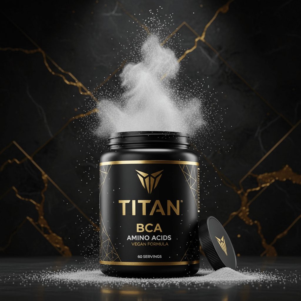 Titan BCAA black tub with gold lettering and white powder erupting against a dark, gold-veined marble background.