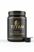 Black supplement tub with gold logo, text, and trim, featuring a mascot icon and a black scoop on a white background.