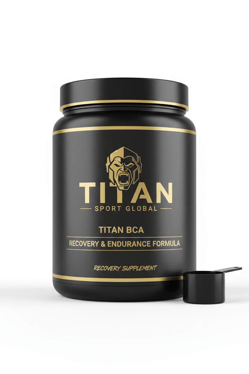 Black supplement tub with gold logo, text, and trim, featuring a mascot icon and a black scoop on a white background.