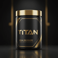 Black TITAN BCAA Recovery tub with gold lid, metallic gold logo, and geometric accents on a dark reflective surface.