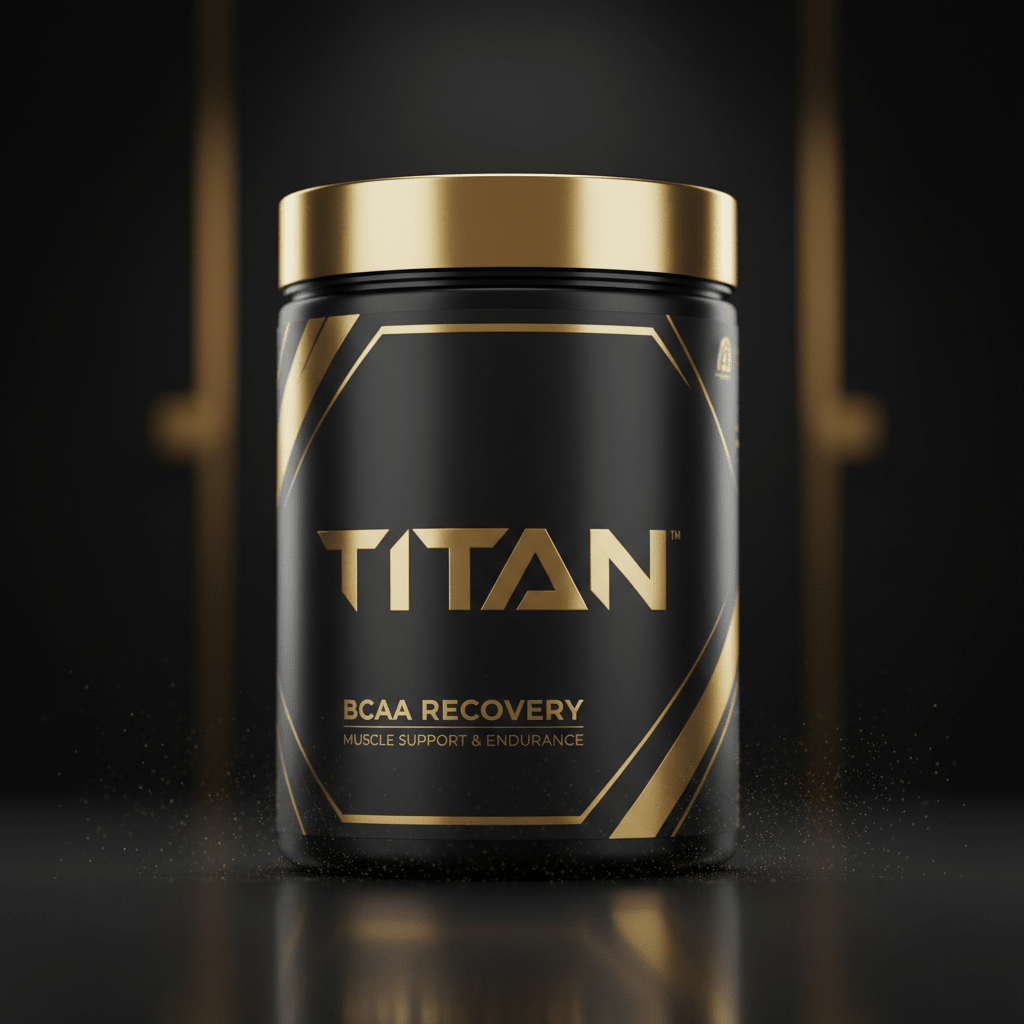 Black TITAN BCAA Recovery tub with gold lid, metallic gold logo, and geometric accents on a dark reflective surface.
