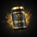 Titan BCAA supplement in a black tub with a gold cap, gold text, and crown logo, surrounded by golden powder sparks.