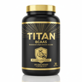 Black tub of Titan BCAAs with gold cap, gold lettering, radiating sun design, and arm-with-chain logo.