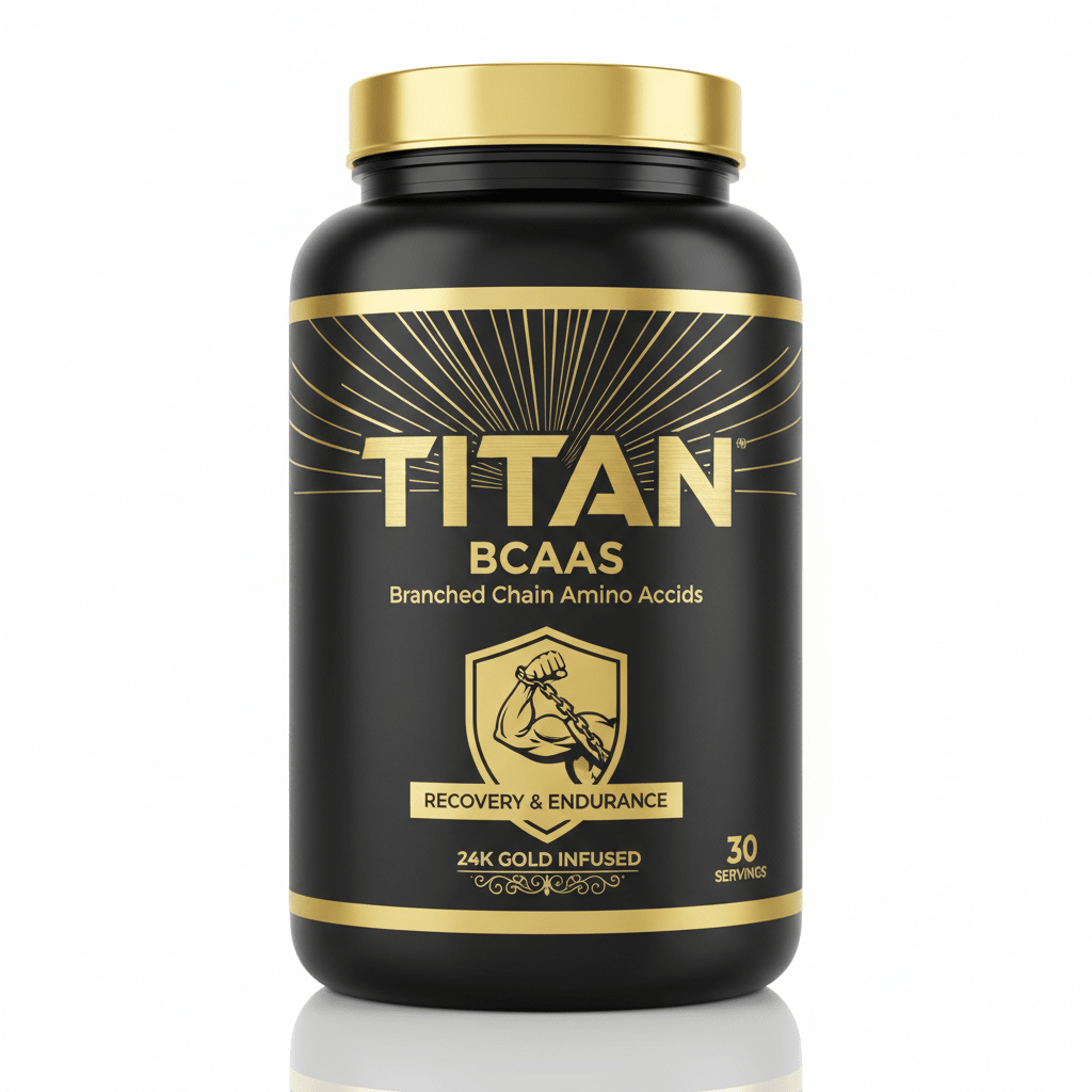 Black tub of Titan BCAAs with gold cap, gold lettering, radiating sun design, and arm-with-chain logo.
