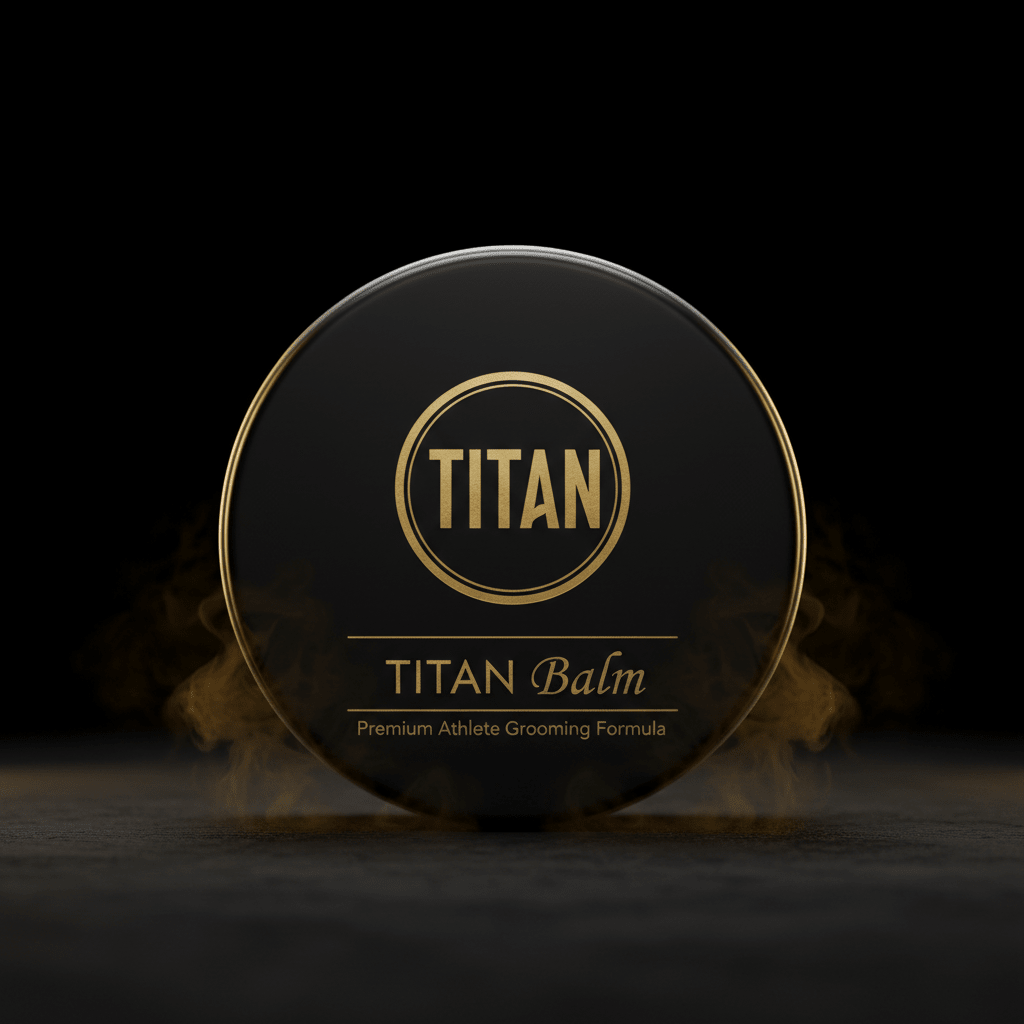 Black, round TITAN Beard Balm tin with gold logo and text, surrounded by wisps of smoke on a dark surface.