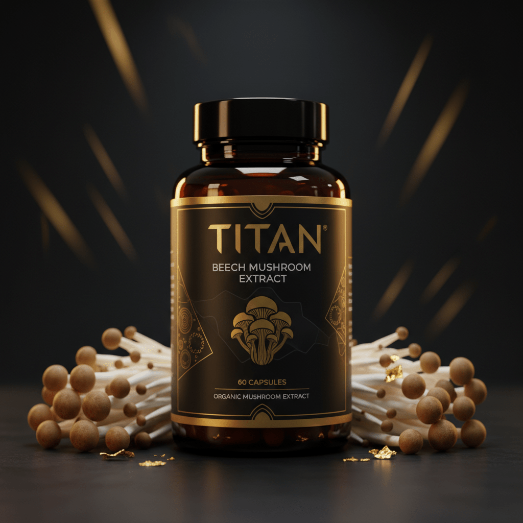 TITAN Beech Mushroom supplement bottle with gold text, black label, and fresh mushrooms on a dark background.