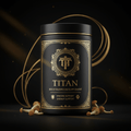 Black canister with gold filigree branding, labeled TITAN Beech Mushroom, surrounded by small mushrooms on black.