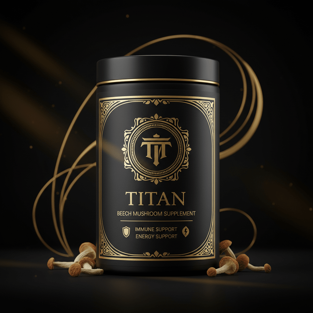 Black canister with gold filigree branding, labeled TITAN Beech Mushroom, surrounded by small mushrooms on black.