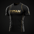 Black compression shirt with gold "TITAN" logo, bull mascot, and gold stitching on a black background.