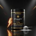 TITAN Beta-Alanine black jar with gold text, energy lightning bolt, and a white powder scoop on a dark background.