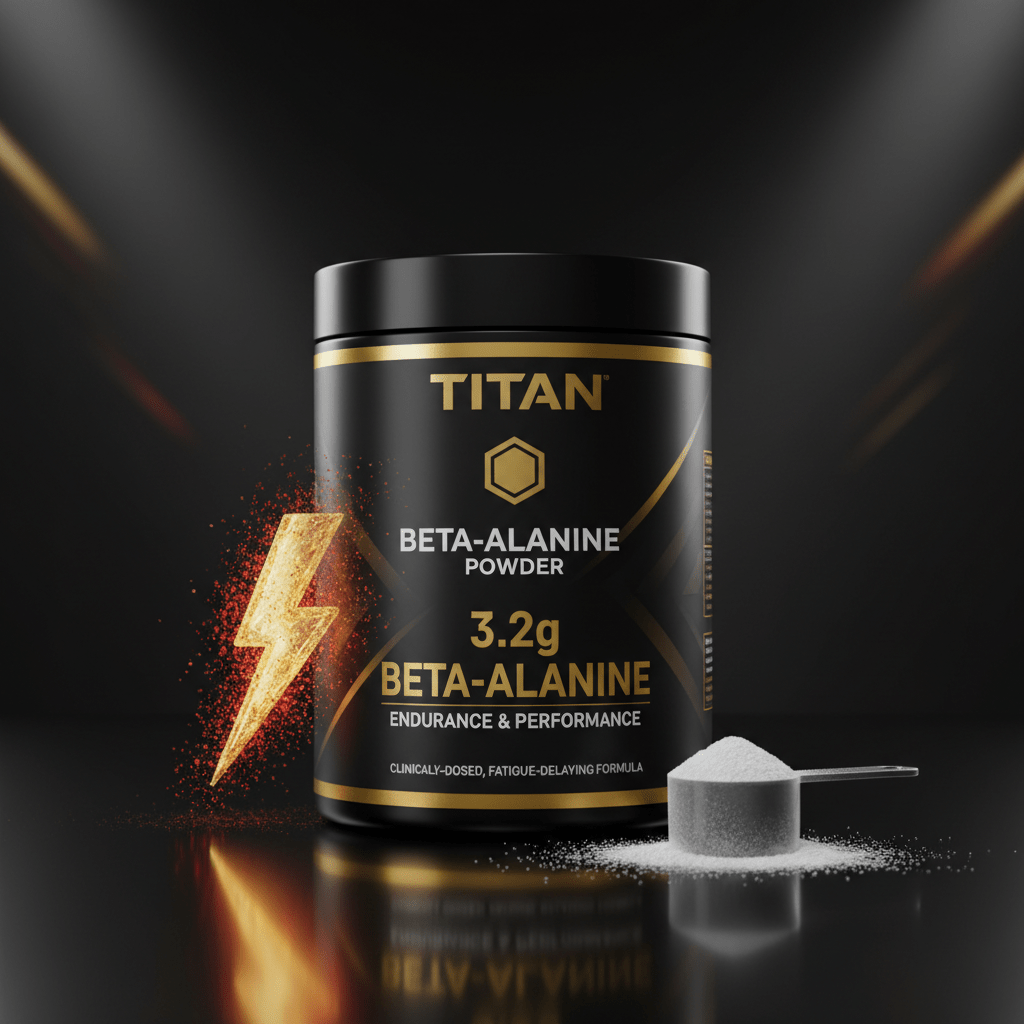 TITAN Beta-Alanine black jar with gold text, energy lightning bolt, and a white powder scoop on a dark background.