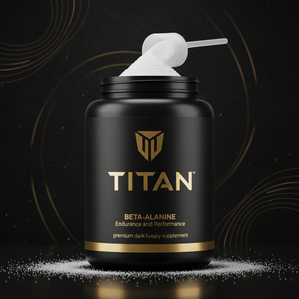 Black tub of TITAN Beta-Alanine with gold logo, white powder scoop, and gold base, on a black background.