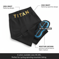 Black high-waisted TITAN women's cycling shorts with gold branding, blue 3D gel padding, and moisture-wicking fabric.