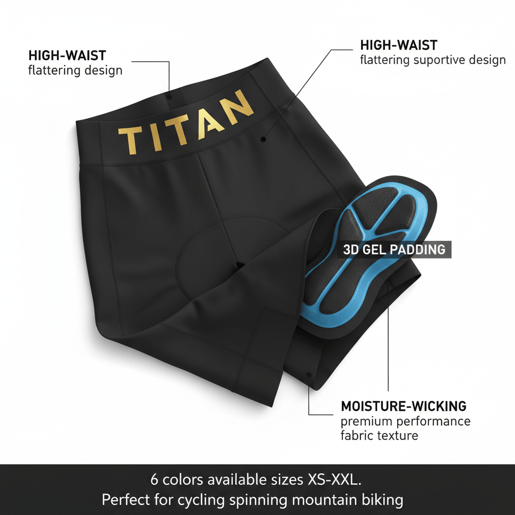 Black high-waisted TITAN women's cycling shorts with gold branding, blue 3D gel padding, and moisture-wicking fabric.