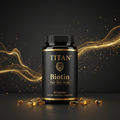 Black bottle of TITAN Biotin capsules with gold lion logo, centered on a dark background with flowing gold light.