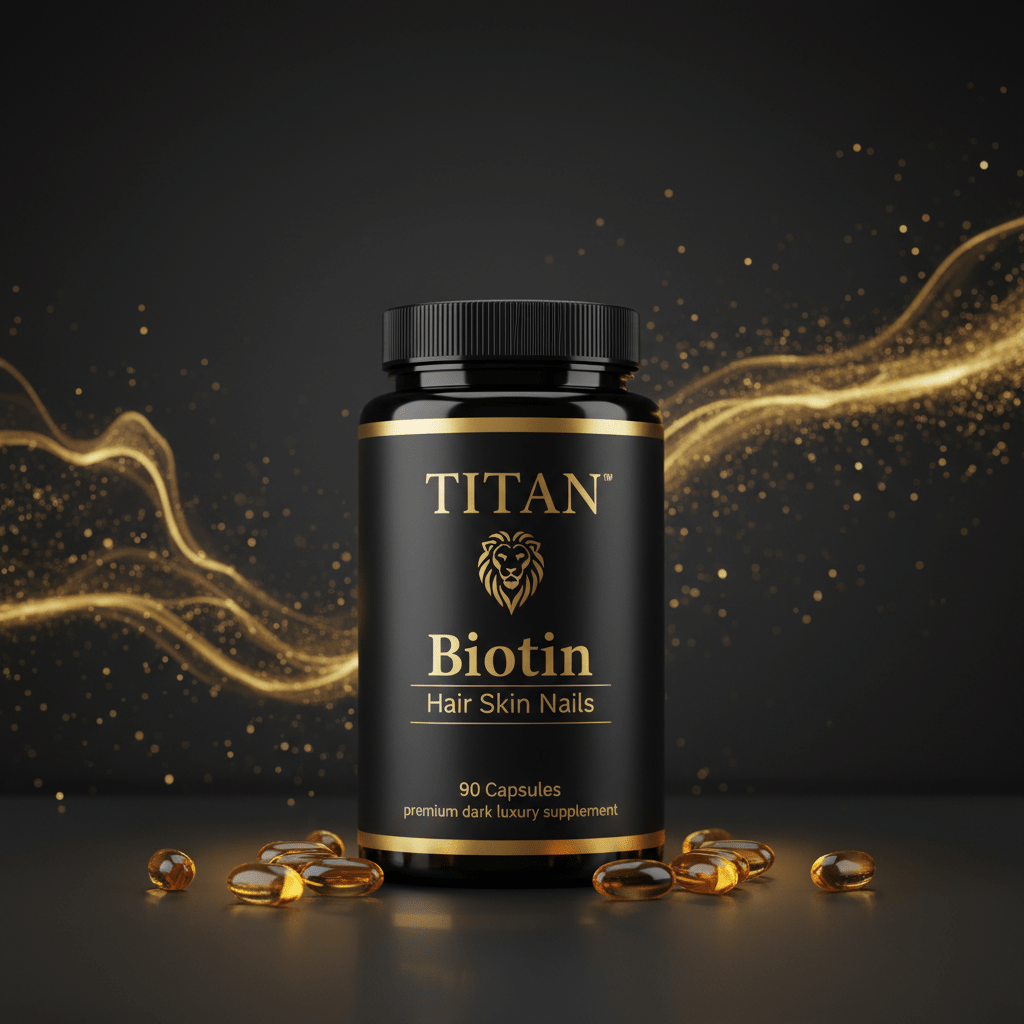 Black bottle of TITAN Biotin capsules with gold lion logo, centered on a dark background with flowing gold light.