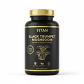 Black supplement bottle with gold lid, "TITAN Black Trumpet Mushroom" label, gold text, and mushroom graphic.
