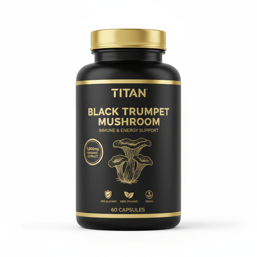 Black supplement bottle with gold lid, "TITAN Black Trumpet Mushroom" label, gold text, and mushroom graphic.