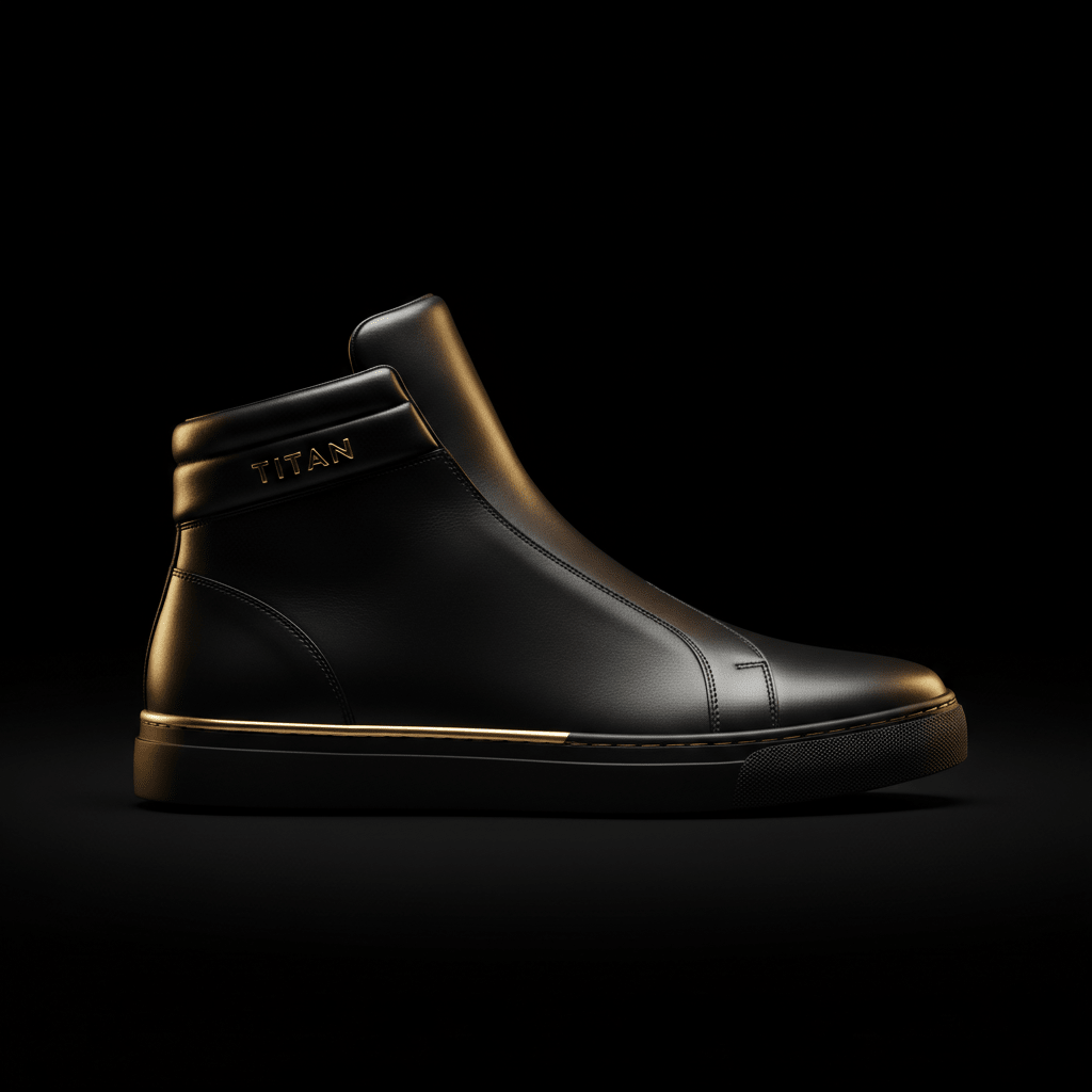 TITAN Blackout Elite high-top sneaker in matte black leather with gold logo, accent stripe, and a black textured sole.