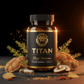 TITAN Blazei Mushroom supplement bottle with gold lion logo, pills, and mushrooms on a black surface.