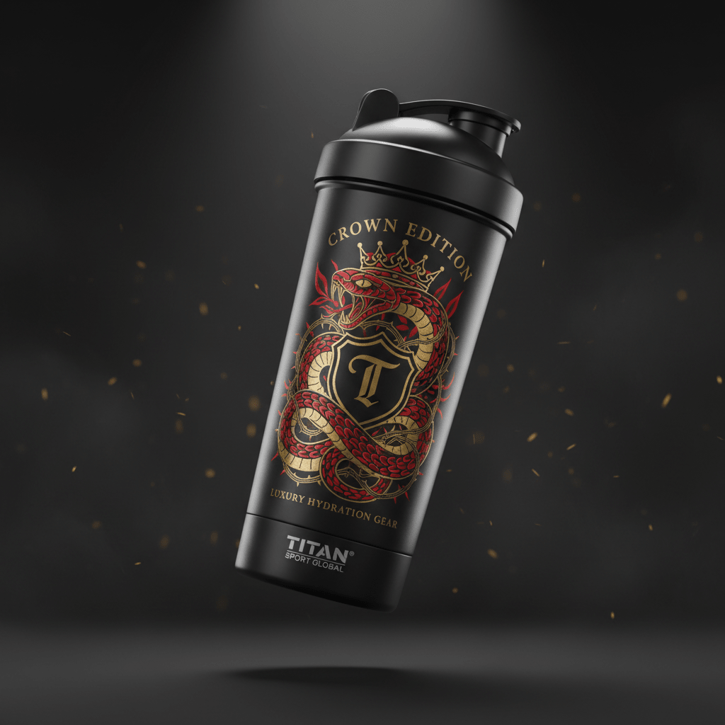 Matte black 28oz TITAN blender bottle with gold and red serpent, crown, and shield graphic on a dark background.