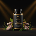 Titan Blewit Mushroom supplement bottle with gold text, surrounded by purple-capped mushrooms and leaves on black.