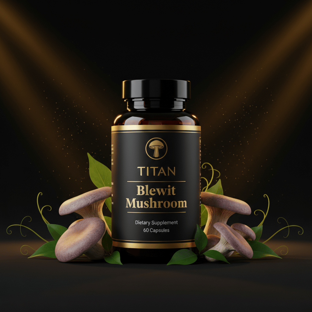 Titan Blewit Mushroom supplement bottle with gold text, surrounded by purple-capped mushrooms and leaves on black.
