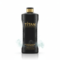 Black Titan 32oz body wash bottle with gold branding, water droplets, and wisps of minty vapor on a white background.