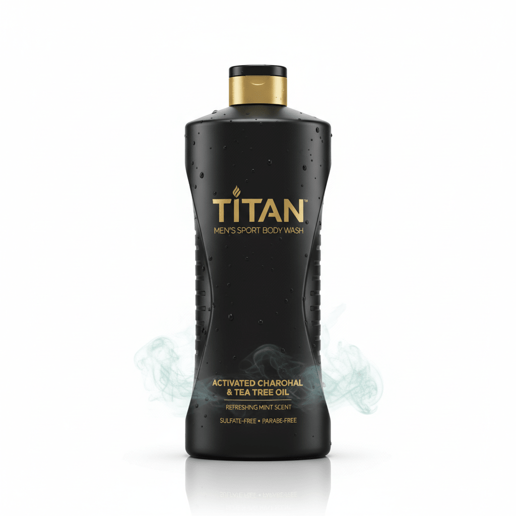 Black Titan 32oz body wash bottle with gold branding, water droplets, and wisps of minty vapor on a white background.
