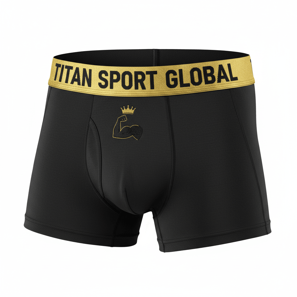 Black athletic boxer briefs with gold "TITAN SPORT GLOBAL" waistband and a gold bicep and crown logo graphic.
