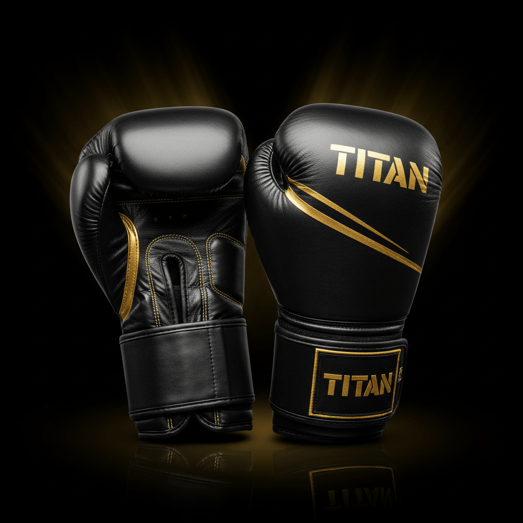 Black and gold TITAN Pro Series genuine leather boxing gloves with gold branding and stitching against black background.