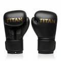 Matte black leather Titan MMA sparring gloves with gold embossed "TITAN" logo and secure hook-and-loop wrist straps.