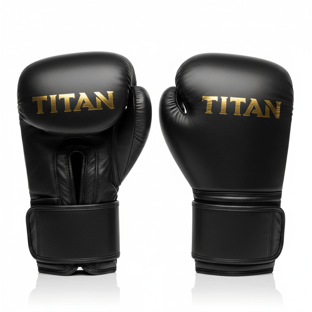 Matte black leather Titan MMA sparring gloves with gold embossed "TITAN" logo and secure hook-and-loop wrist straps.