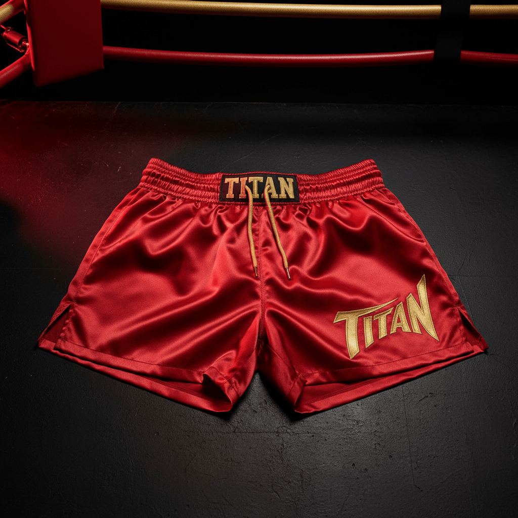 Red satin boxing shorts with gold TITAN embroidery, elastic waistband, and drawstring on a black floor.
