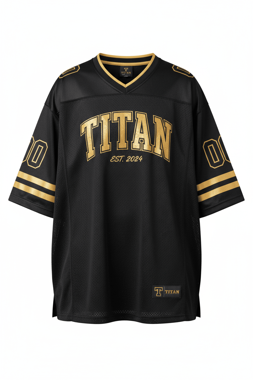 Black and gold TITAN boxy performance football jersey with V-neck, "00" sleeve graphics, and EST. 2024 chest detail.