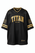 Black and gold TITAN boxy performance football jersey with V-neck, "00" sleeve graphics, and EST. 2024 chest detail.