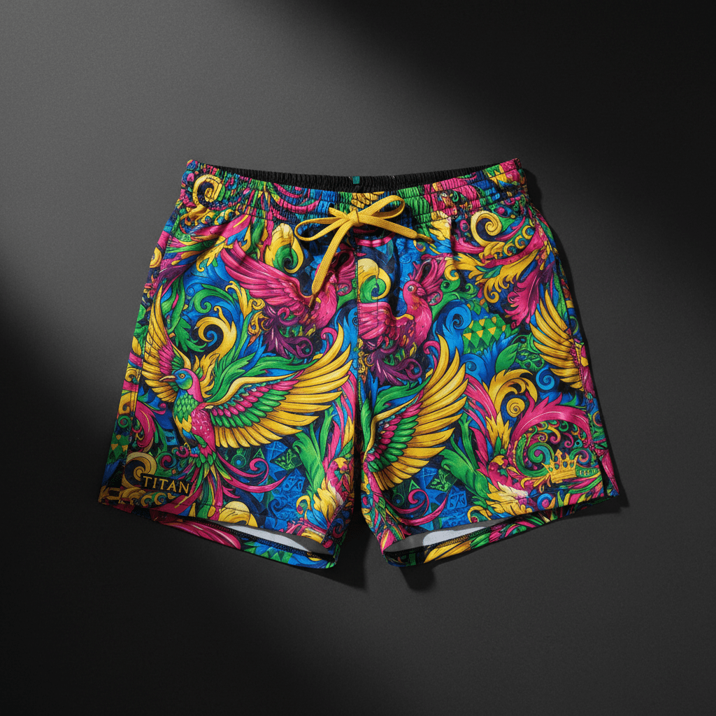 TITAN Crown Edition shorts with vibrant carnival-style print, yellow drawstring, and gold logo on dark grey background.