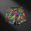 TITAN Crown Edition shorts with vibrant carnival-style print, yellow drawstring, and gold logo on dark grey background.