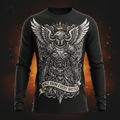 Black long-sleeve tee featuring an eagle-headed knight in armor with crown and "Built From Every Battle" text.