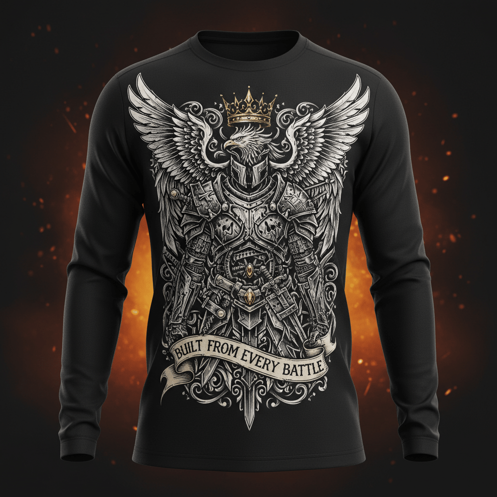 Black long-sleeve tee featuring an eagle-headed knight in armor with crown and "Built From Every Battle" text.