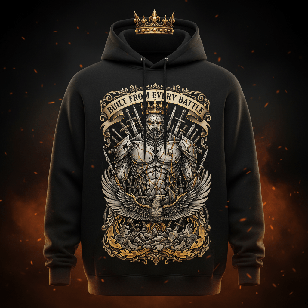 Black hoodie featuring a golden crown, armored warrior, eagle, and "Built From Every Battle" motivational graphic.