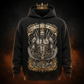 Black hoodie featuring a golden crown, armored warrior, eagle, and "Built From Every Battle" motivational graphic.