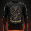 Black t-shirt featuring a winged, crowned warrior in armor with the text "Built From Every Battle" in a gold banner.